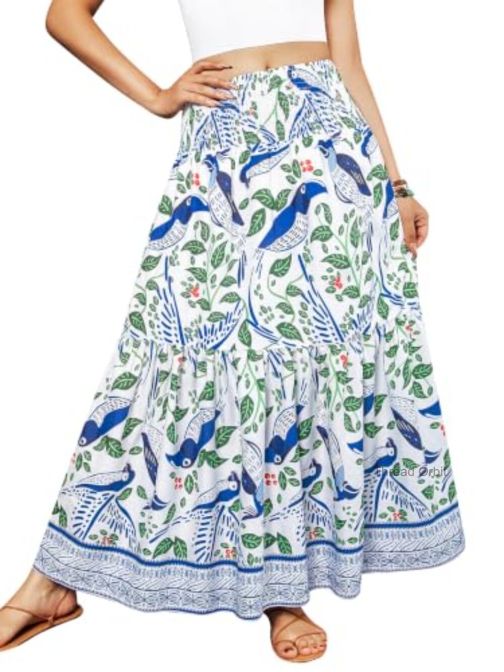 Women's High Waist Pleated A-Line Flowy Boho Maxi Skirt with Floral Print